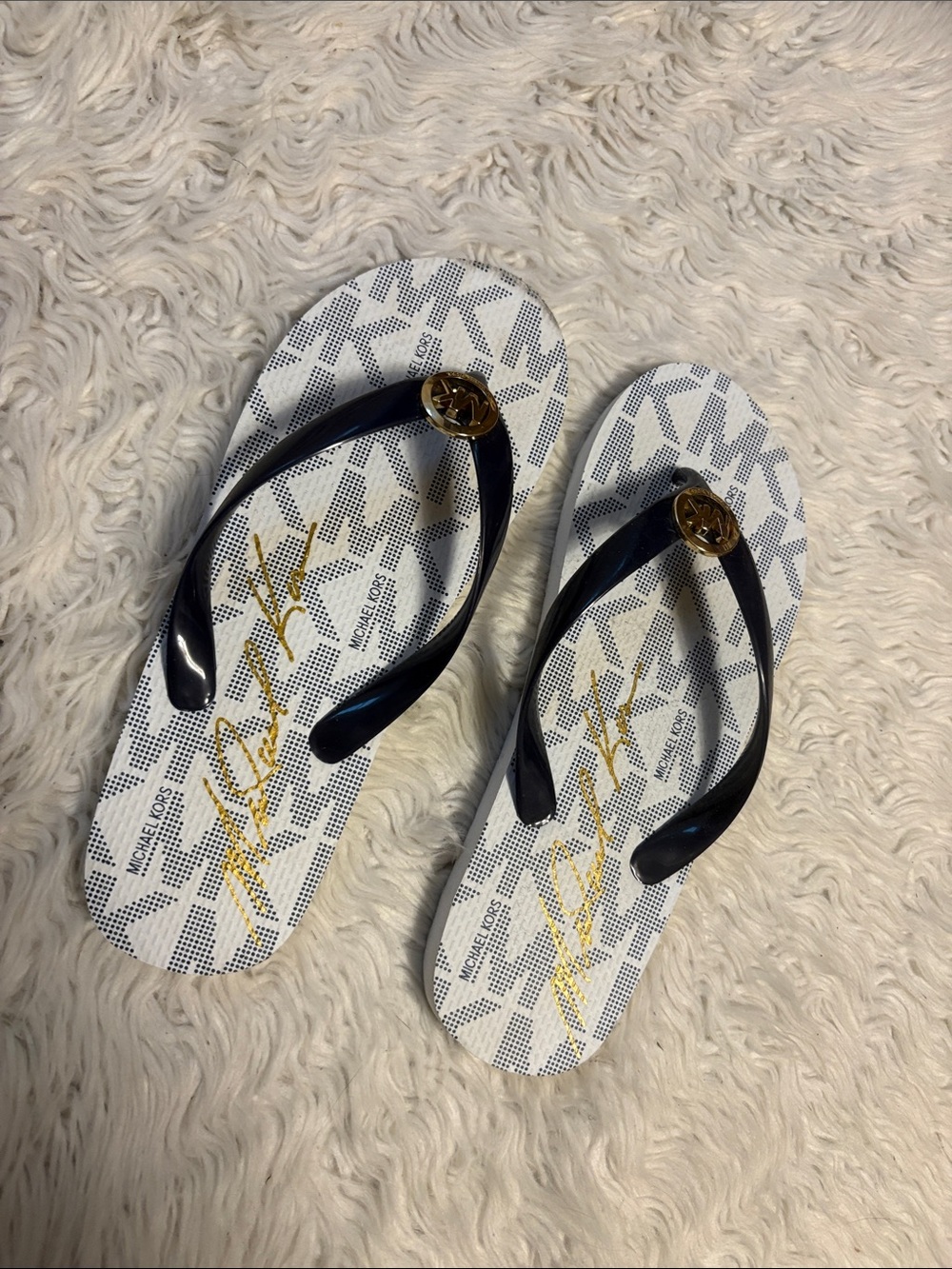 Michael Kors White and Navy Logo Thong Sandals with Gold Accents
